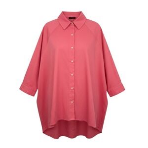 Natori Cotton Poplin Shirt Womens Large Pink Button Down High Low Oversized New